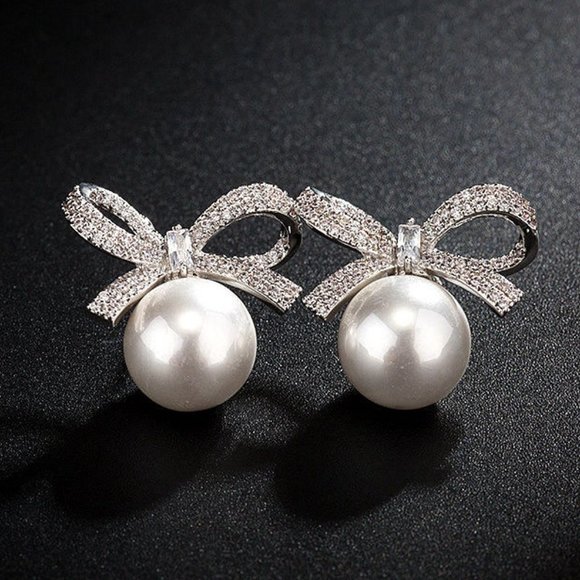 Jewelry - *925 Sterling Silver Pearl Diamond Bow Earrings